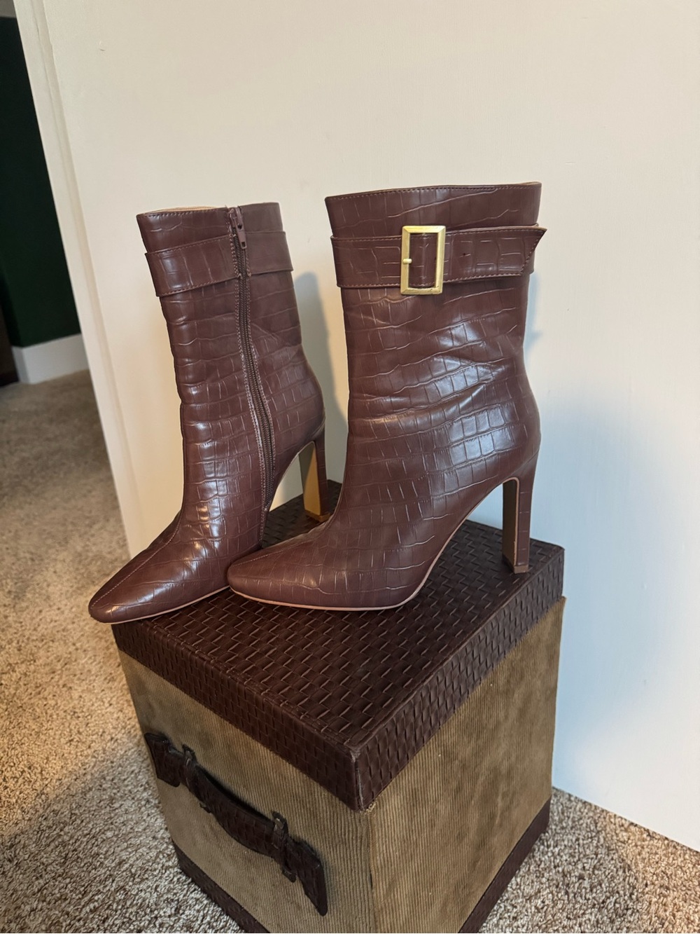 Journee Collection Brown Croc-Embossed Pointed Toe Stiletto Ankle Boots